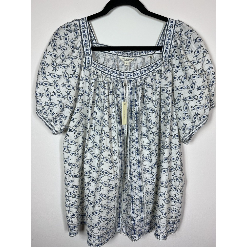NEW Max Studio London 1X Blue White Floral Boho Cottagecore Peasant Top Flowy